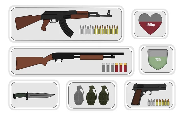 Paquete de armas militares iconos para el juego — Vector de stock