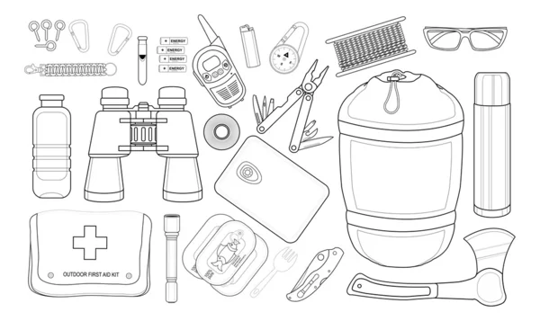 Conjunto de equipos de camping de supervivencia — Archivo Imágenes Vectoriales