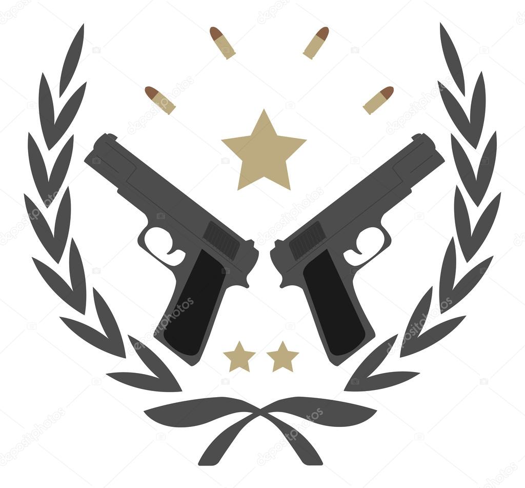 Color, no outline, logo isolated on white with 2 pistols and stars in laurel wreath frame