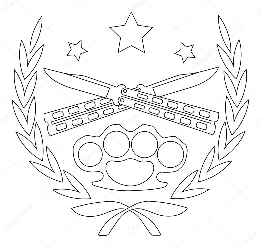 Line art logo isolated on white with 2 crossed knifes brass knuckle and stars in laurel wreath