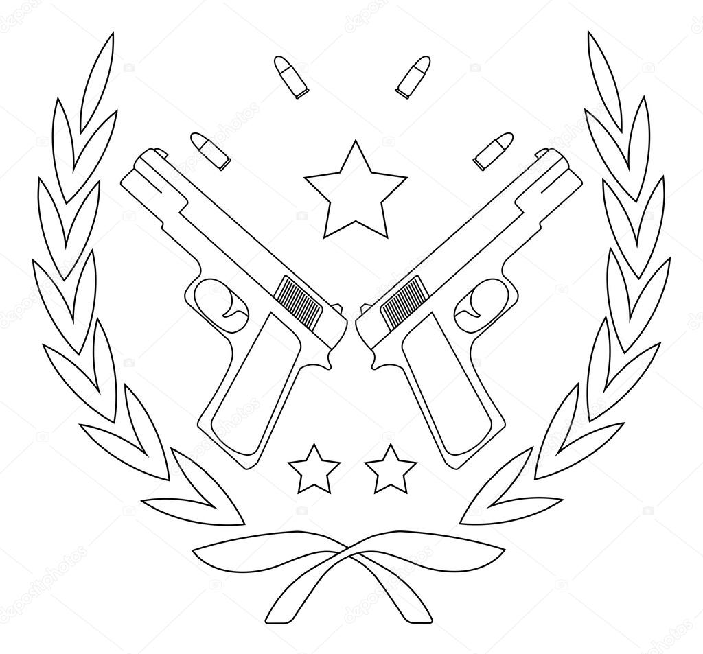Contour, line art logo isolated on white with 2 pistols and stars in laurel wreath