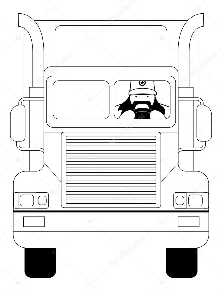 Fat round flat cartoon style black beard truck driver