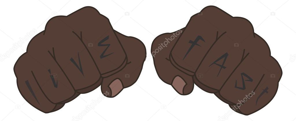 Fists with live fast fingers tattoo. Man hands outlines vector illustration