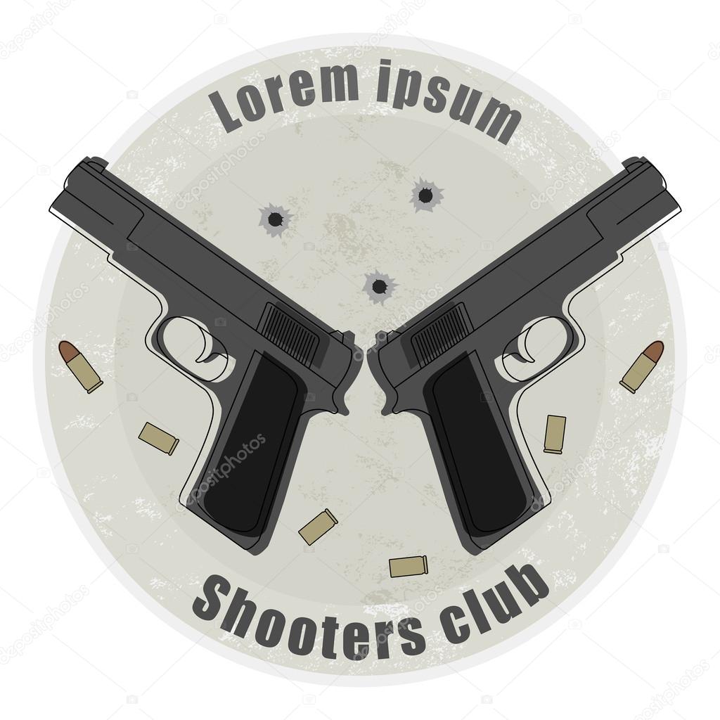 Two pistols and bullets emblem on stone background with bullet holes