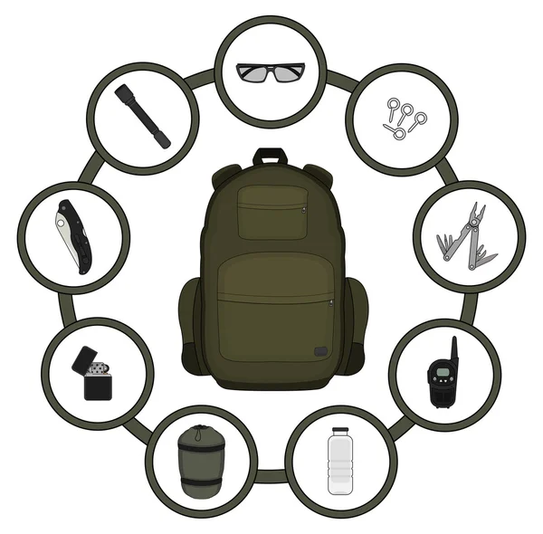 Traveler backpack contents — Stock Vector