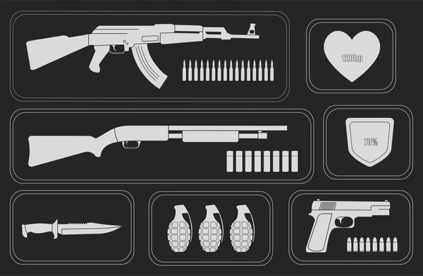 Game resources, military weapons icons — Stockvector