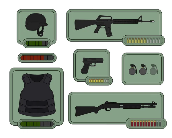 Recursos do jogo, ícones de armas militares — Vetor de Stock