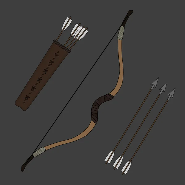 Средневековый длинный лук со стрелами и колчаном — стоковый вектор