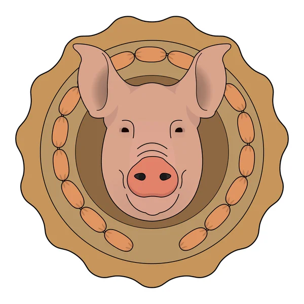 Cabeza de cerdo grande en círculo de salchichas — Vector de stock