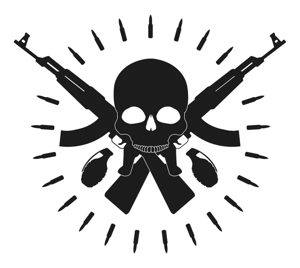 Skull two grenades two crossed assault rifles — Stock Vector