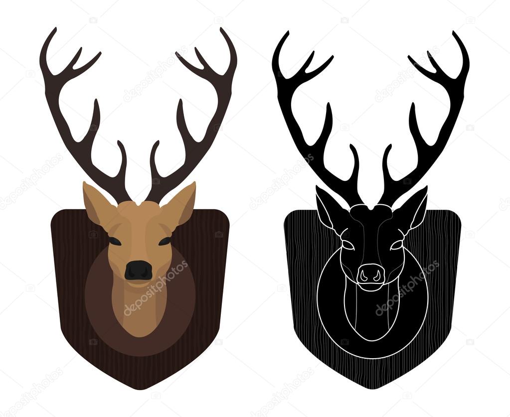 Hunting trophy. Stuffed taxidermy deer head with big antlers in wood shield. Color and black illustrations isolated on white. Vector
