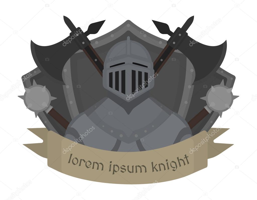 Medieval knight logo. Helmet, armor, mace, ax, shield, sign. Vector color clip art illustration isolated on white