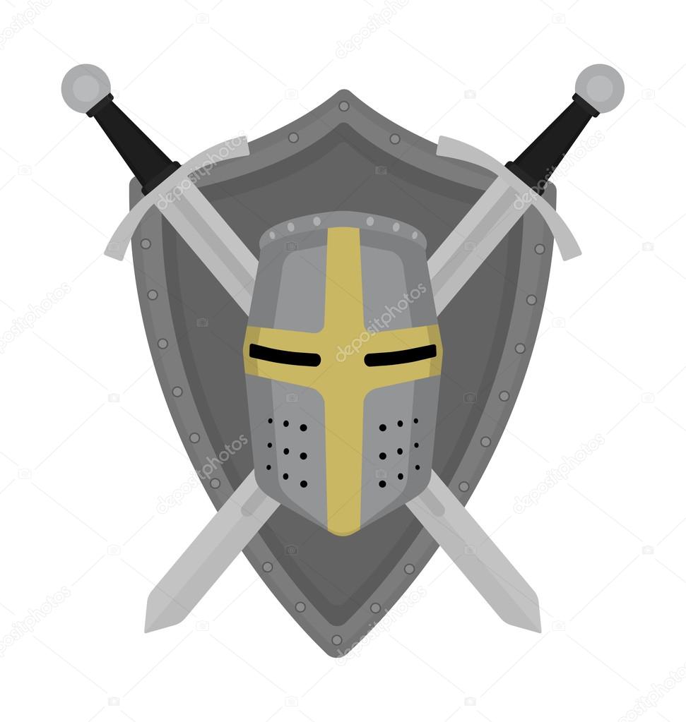 Two crossed swords steel shield and helmet heraldry emblem. Security logo. Clip art color vector illustration isolated on white