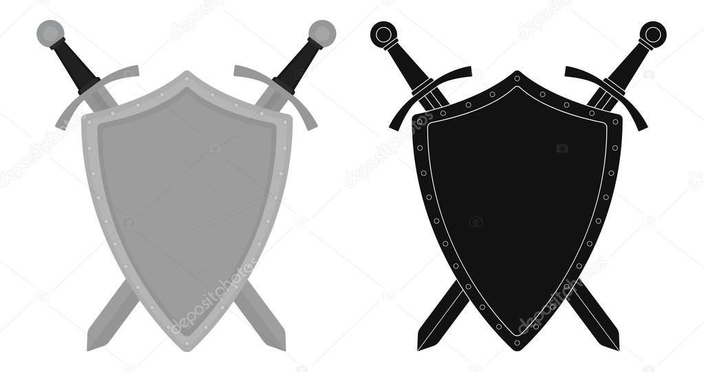 Two crossed swords steel shield heraldry emblem. Security logo. Clip art color and silhouette vector illustration isolated on white