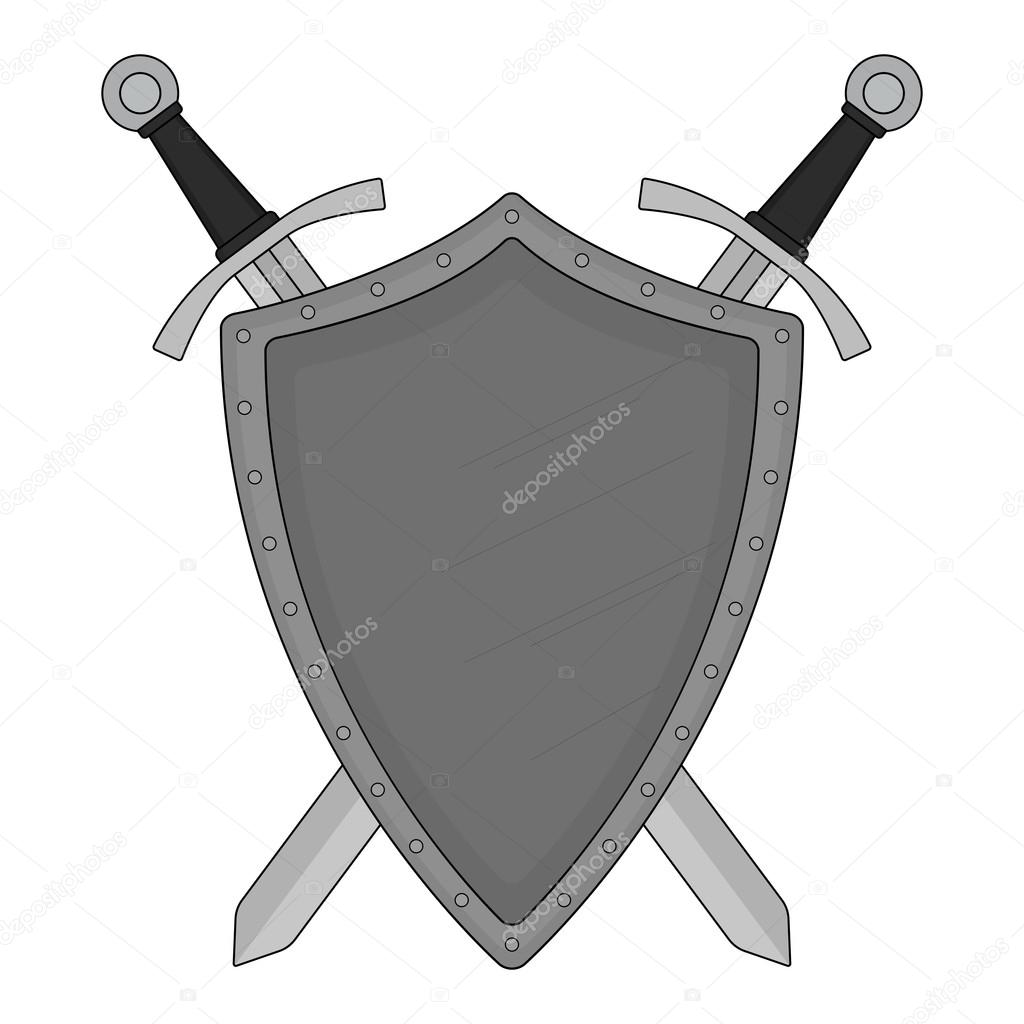 Two crossed swords steel shield heraldry emblem. Security logo. Clip art color vector illustration isolated on white