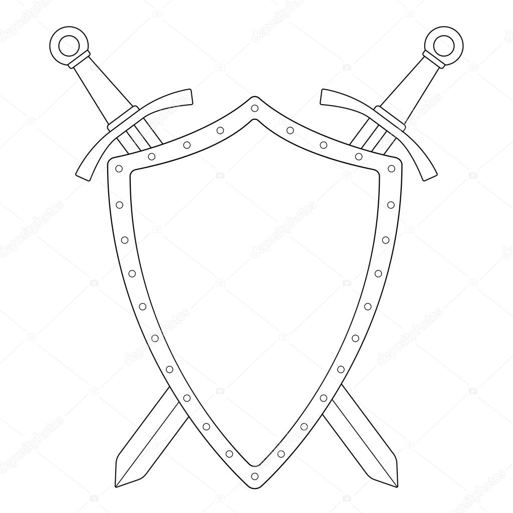 Two crossed swords steel shield heraldry emblem. Security logo. Clip art contour vector illustration isolated on white