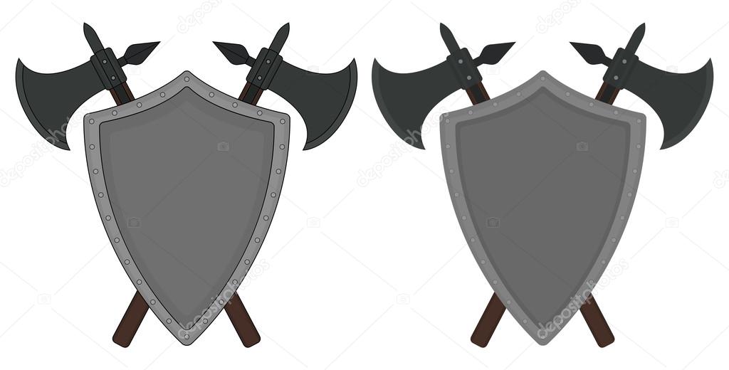 Two crossed axes and steel shield heraldry emblem. Medieval logo. Clip art color vector illustration isolated on white