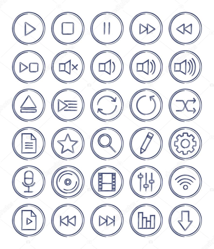 Multimedia linear ink icons set
