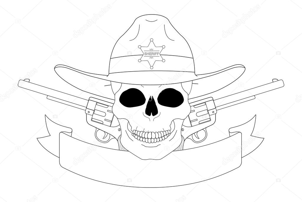 Wild west sheriff emblem. Skull in hat, pistols, text ribbon. Vector clip art contour lines illustration isolated on white