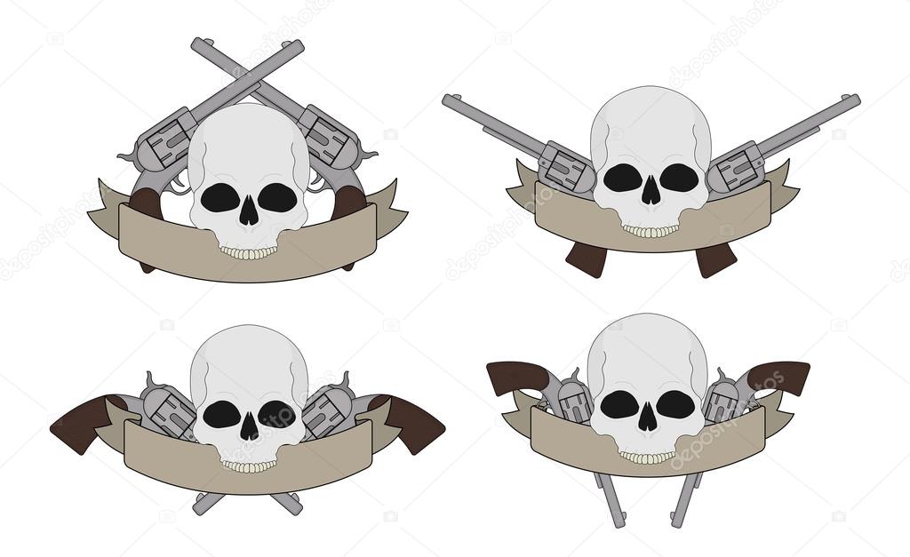Wild west pistols and skull banners, different styles. Vector clip art isolated on white