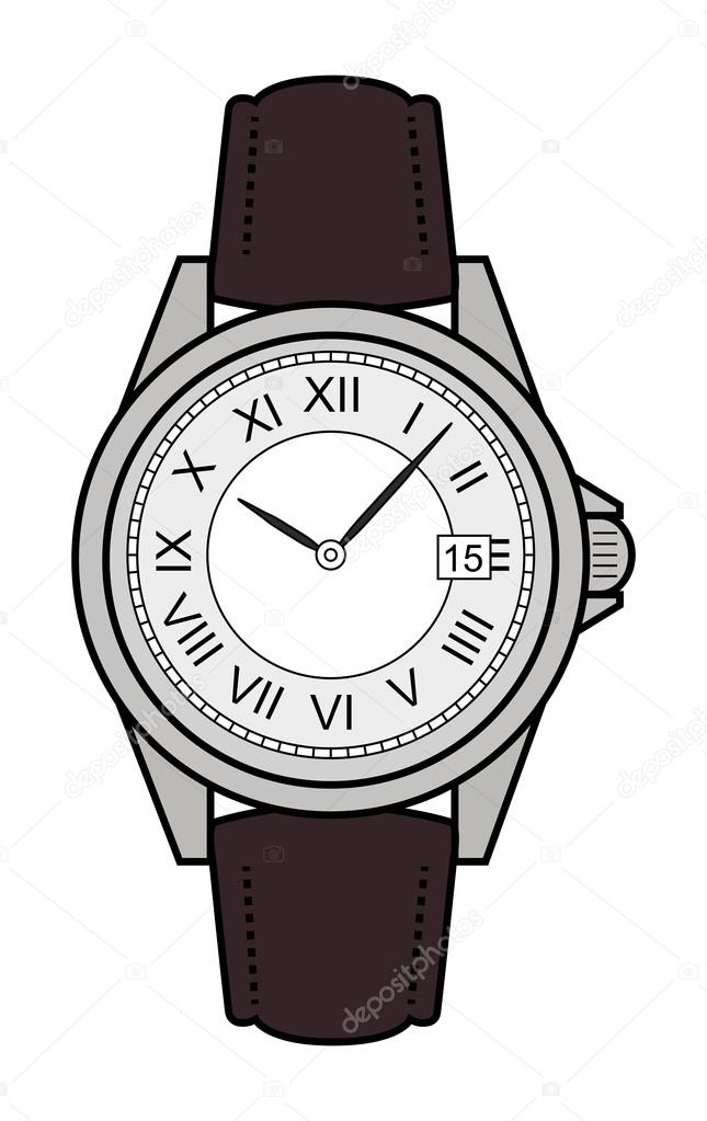Stylish classic luxury mechanic business style elegant hand watches with roman numerals. Leather belt. Clip art. Color illustration isolated on white