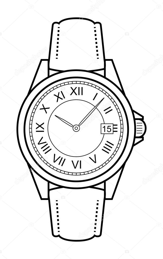 Stylish classic luxury mechanic business style elegant hand watches with roman numerals. Leather belt. Clip art. Contour lines isolated on white