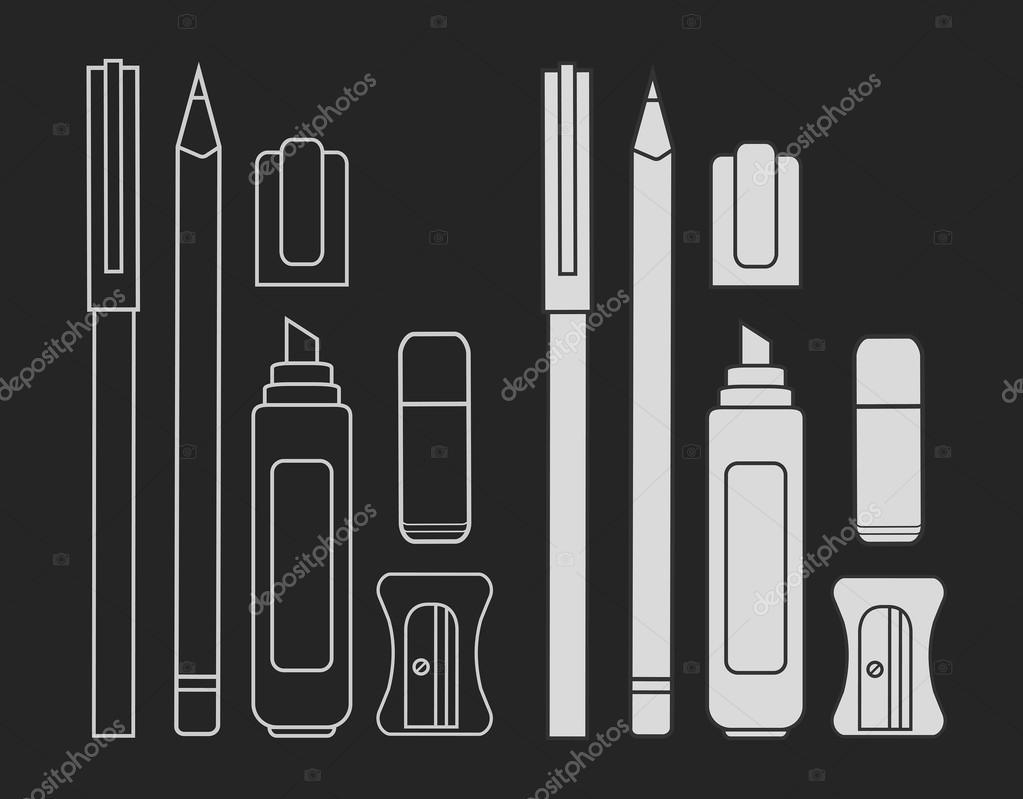 Collection of hand drawn stationery or writing utensils. Set of office and  art supplies isolated on white background - brush, pen, pencil, marker,  eraser, paint, sharpener. Vector illustration. Stock Vector