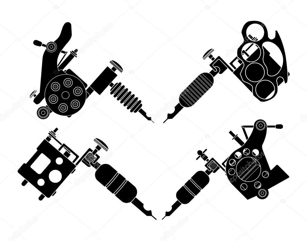 Set of 4 different style realistic tattoo machines icons. Revolver tattoo machine, knuckle duster tattoo gun. Invert black and white color illustration isolated on white