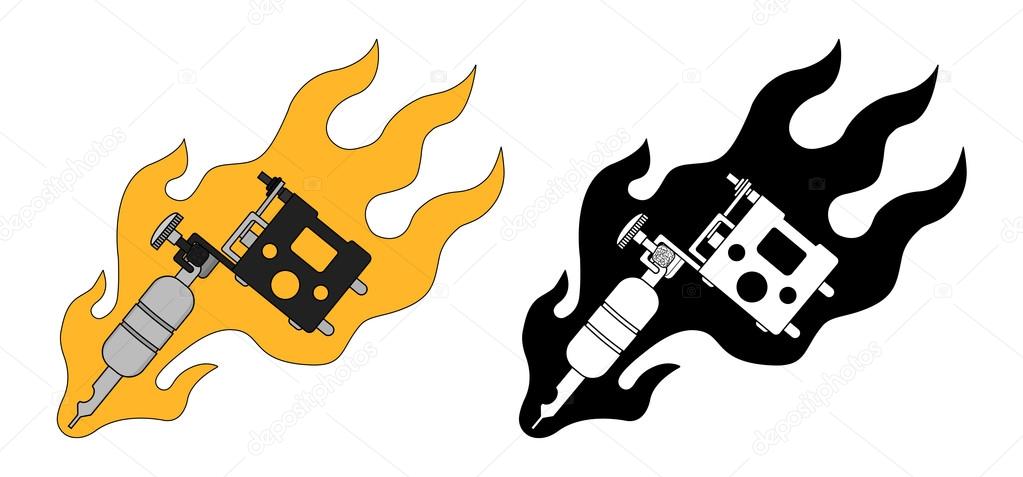 Classic tattoo machine in flame. Color, black and white. Vector clip art illustrations isolated on white