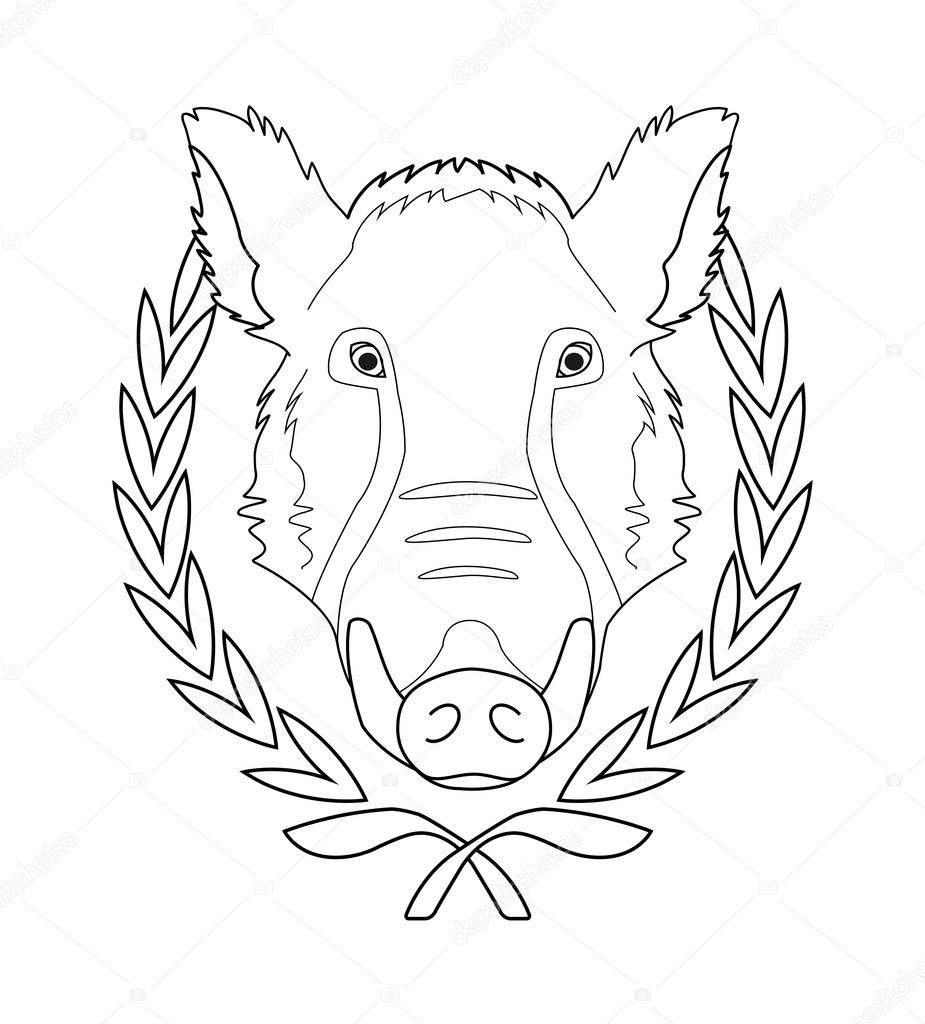 Hunting trophy. Feral wild boar head with big tusks in laurel wreath. Contour lines vector illustration isolated on white