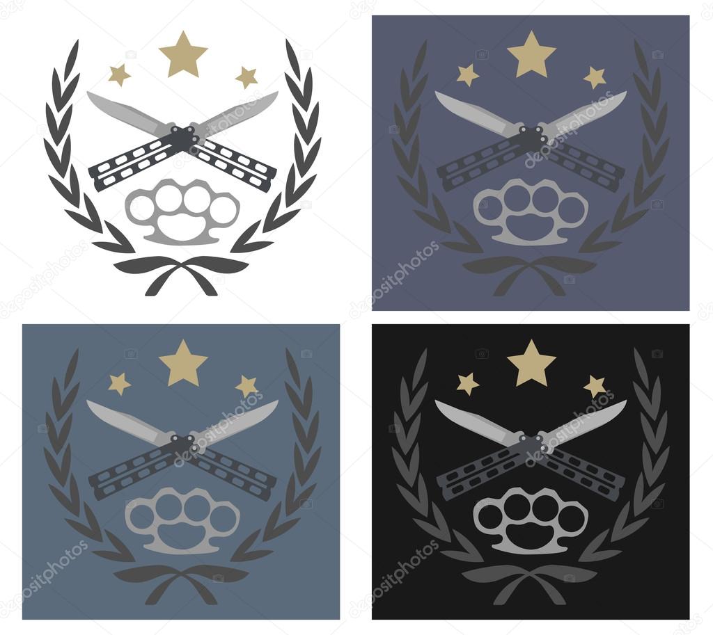 Color, no outline logo with crossed knives, brass knuckle and stars in laurel wreath. Different color backgrounds. Vector illustration