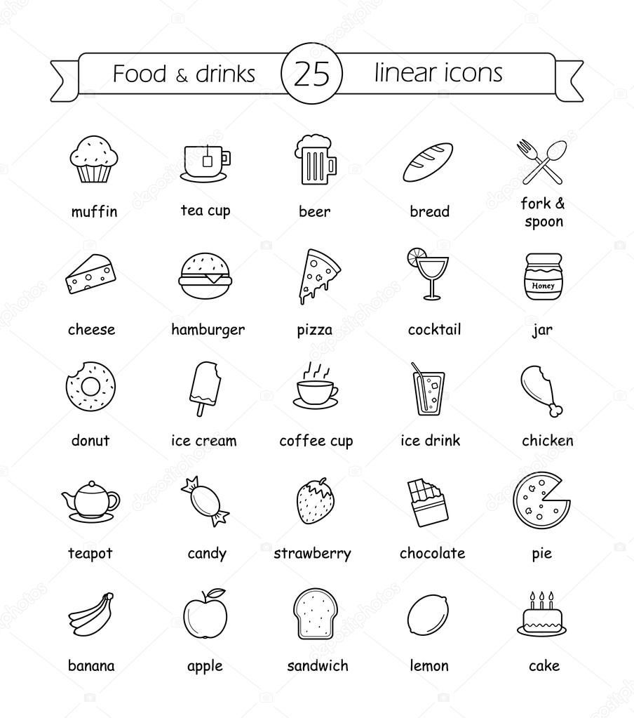 Food and drinks linear icons set