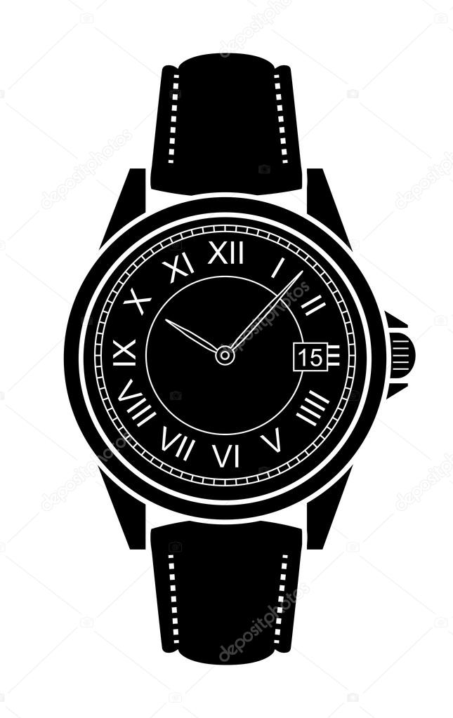 Classic luxury mechanic business style hand watches with roman numerals. Black color vector illustration isolated on white