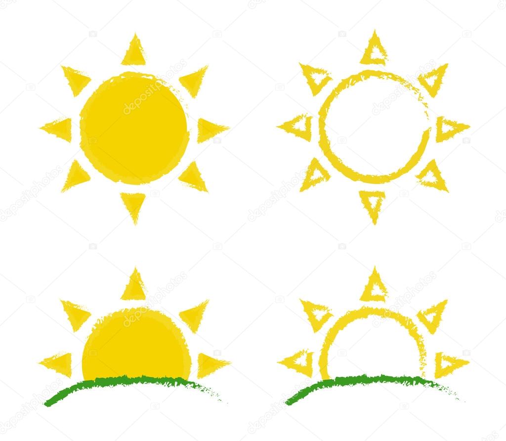 Sun and sunrise grunge logos set. Color emblems isolated on white