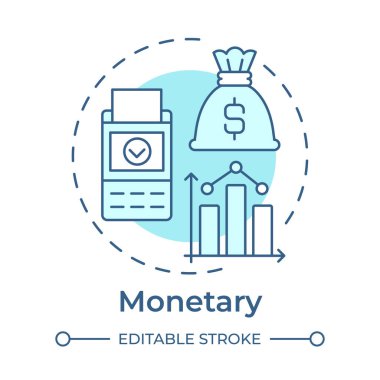 Parasal yumuşak mavi konsept simgesi. Para yönetimi. Ödeme işlemi, grafik büyümesi. Yuvarlak şekil çizimi. Soyut bir fikir. Grafik tasarımı. Bilgi ve yazıda kullanması kolay