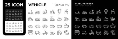 Vehicles pixel perfect black and white line icons set. Machines designed to transport people and cargoes. Riding, delivery service. Outline iconset. Isolated monochrome illustrations. Editable stroke