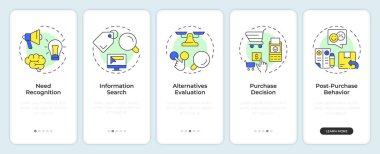 Consumer decision making onboarding mobile app screen. Purchase, shopping. Walkthrough 5 steps editable graphic instructions with linear concepts. UI, UX, GUI. Montserrat SemiBold, Regular fonts used