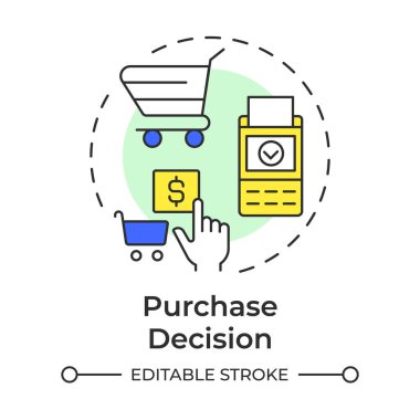 Purchase decision multi color concept icon. Ecommerce, shopping. Payment processing. Round shape line illustration. Abstract idea. Graphic design. Easy to use in infographic, article