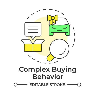 Complex buying behavior multi color concept icon. Product information, gift. Research, analysis. Round shape line illustration. Abstract idea. Graphic design. Easy to use in infographic, article