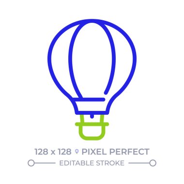 Hot air balloon pixel perfect two color line icon. Romantic vintage aircraft. Old fashioned travel bicolor outline symbol. Duotone linear pictogram. Isolated illustration. Editable stroke