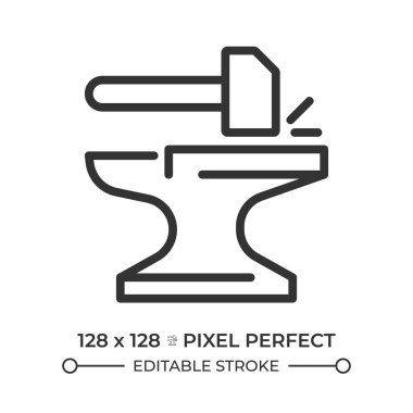 Dövme çizgisi simgesi. Demirci örsü, çekiç. Metal işleme. El işi, metalürji. Ekipmanlar, aletler. İzole vektör çizimi. Taslak sembol. Basit doğrusal çizim. Düzenlenebilir vuruş