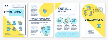 Metalürji sarı ve mavi broşür. Çelik yapımı aşamaları. Ağır endüstri. Renk çizgisi simgeli broşür reklam tasarımı. Düzenlenebilir 4 sayfa. Questrial, Lato-Düzenli yazı tipleri