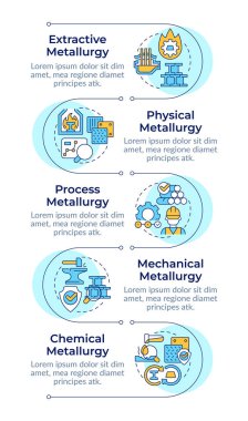 Metalurji enfografik dikey sıralama türleri. Metal fabrikası teknolojisi ve işlemleri. 5 adımlı görselleştirme bilgi tablosu. Daireler iş akışı. Montserrat Yarı Kalın, Lato Düzenli yazı tipleri
