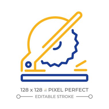 Chop iki renkli çizgi simgesi gördü. Profesyonel ekipman, alet. Endüstriyel, işçilik. Dairesel bıçak iki renkli ana hat sembolü. Duotone lineer piktogram. İzole bir illüstrasyon. Düzenlenebilir vuruş