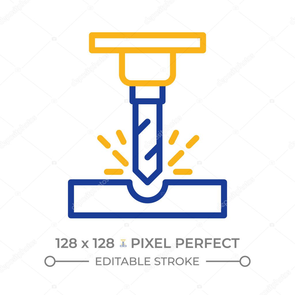 CNC machining two color line icon. Precise machinery, metalwork technology. Material processing bicolor outline symbol. Duotone linear pictogram. Isolated illustration. Editable stroke