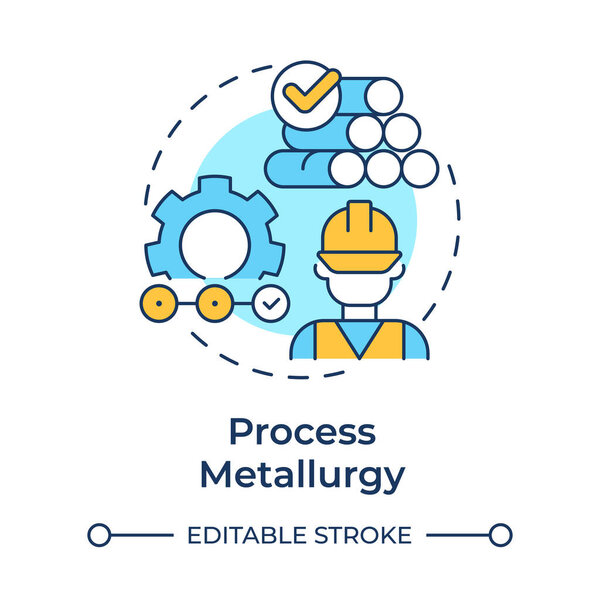 Мультицветная иконка технологической металлургии. Металлургическое машиностроение. Преобразование сырой руды в готовую металлопродукцию. Иллюстрация круглой формы. Абстрактная идея. Графический дизайн. Простота использования в