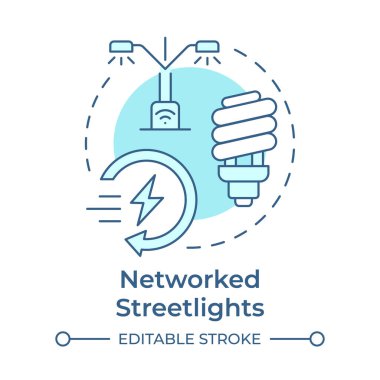 Ağlı sokak lambaları yumuşak mavi konsept simgesi. Enerji tasarruflu ışıklandırma. Akıllı şehir altyapısı ve hizmetleri. Yuvarlak şekil çizimi. Soyut bir fikir. Grafik tasarımı. Kitapçıkta kullanması kolay