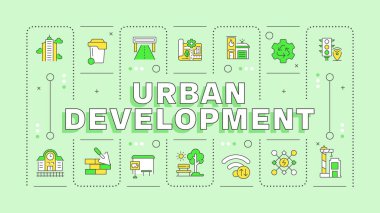 Kentsel gelişim yeşil kelime konsepti. Kentleşme teknolojisi entegrasyonu. Akıllı şehir. Tipografi afişi. Başlık metniyle vektör illüstrasyonu, düzenlenebilir simge rengi. İnbot Sans yazı tipi kullanıldı