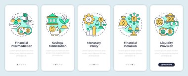 Mobil uygulama ekranında finansal sistem fonksiyonları. Doğrusal kavramlarla düzenlenebilir grafik yönergelerini 5 adımda gezdir. UI, UX, GUI. Montserrat Yarı Kalın, Düzenli yazı tipleri
