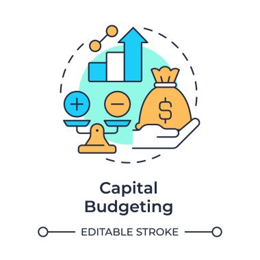 Sermaye bütçeleme çok renkli konsept simgesi. Para çantası. Finansal yönetim. Muhasebe hesapları. Yuvarlak şekil çizimi. Soyut bir fikir. Grafik tasarımı. Bilgide ve sunumda kullanması kolay